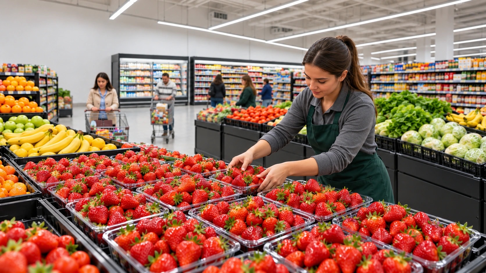 Escena il·lustrativa: una empleada col·loca safates de maduixes al supermercat