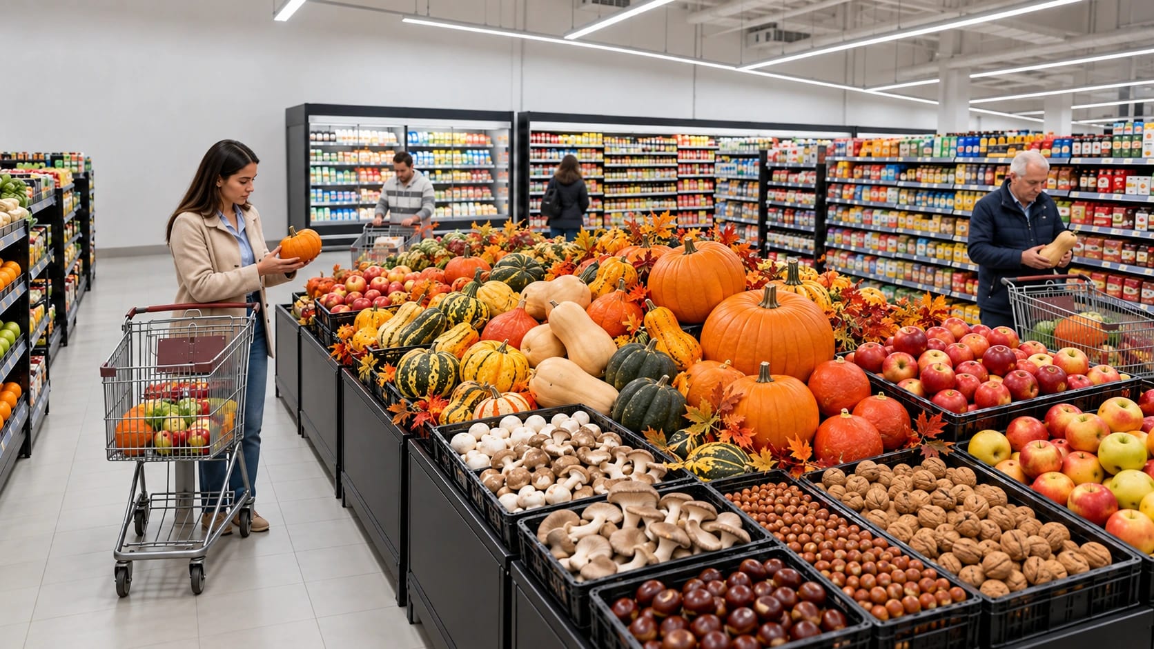 Escena ilustrativa: clientes junto a una selección de productos de otoño