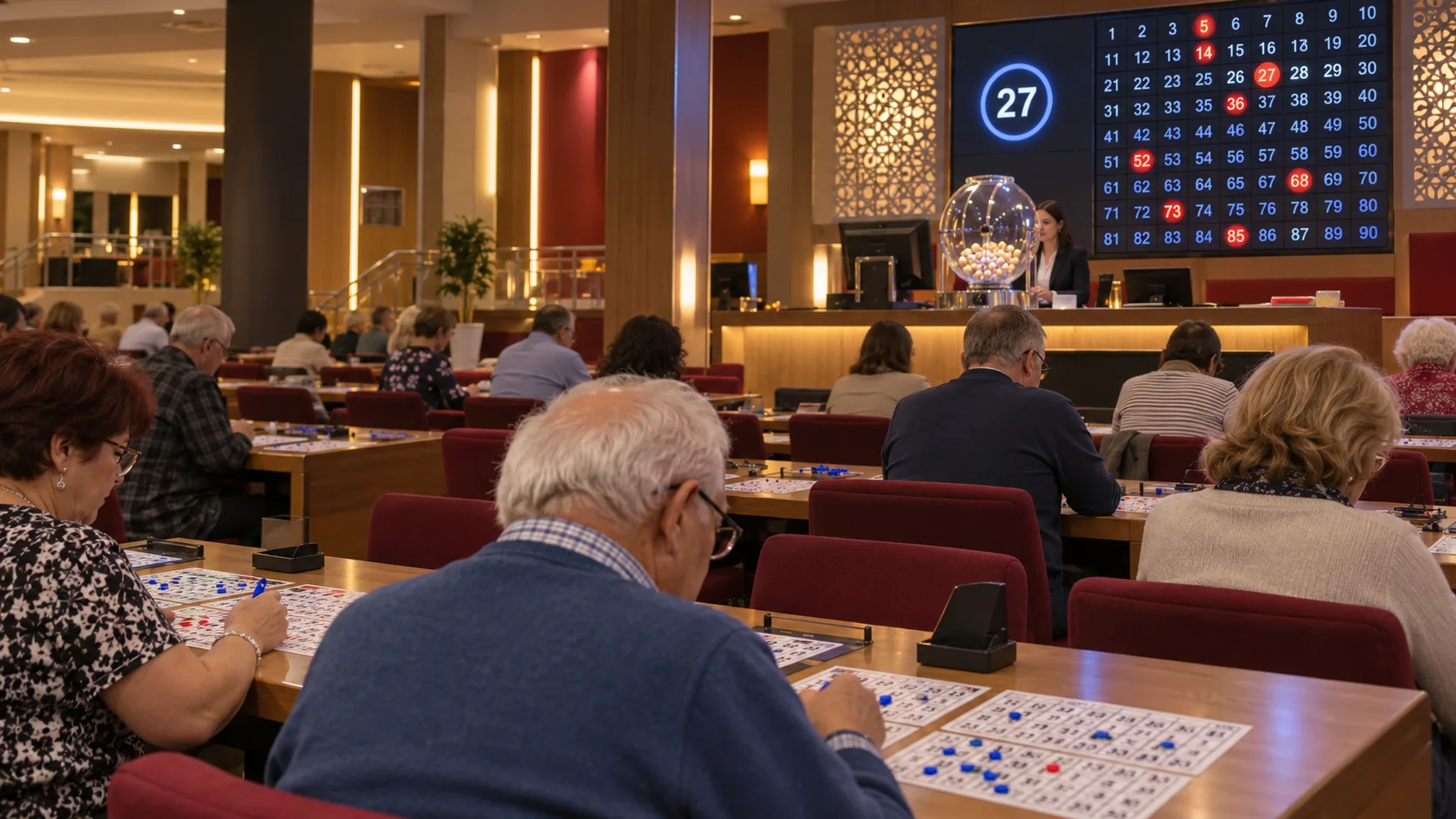 Escena ilustrativa: un empleado orienta a una visitante antes de una sesión de bingo.
