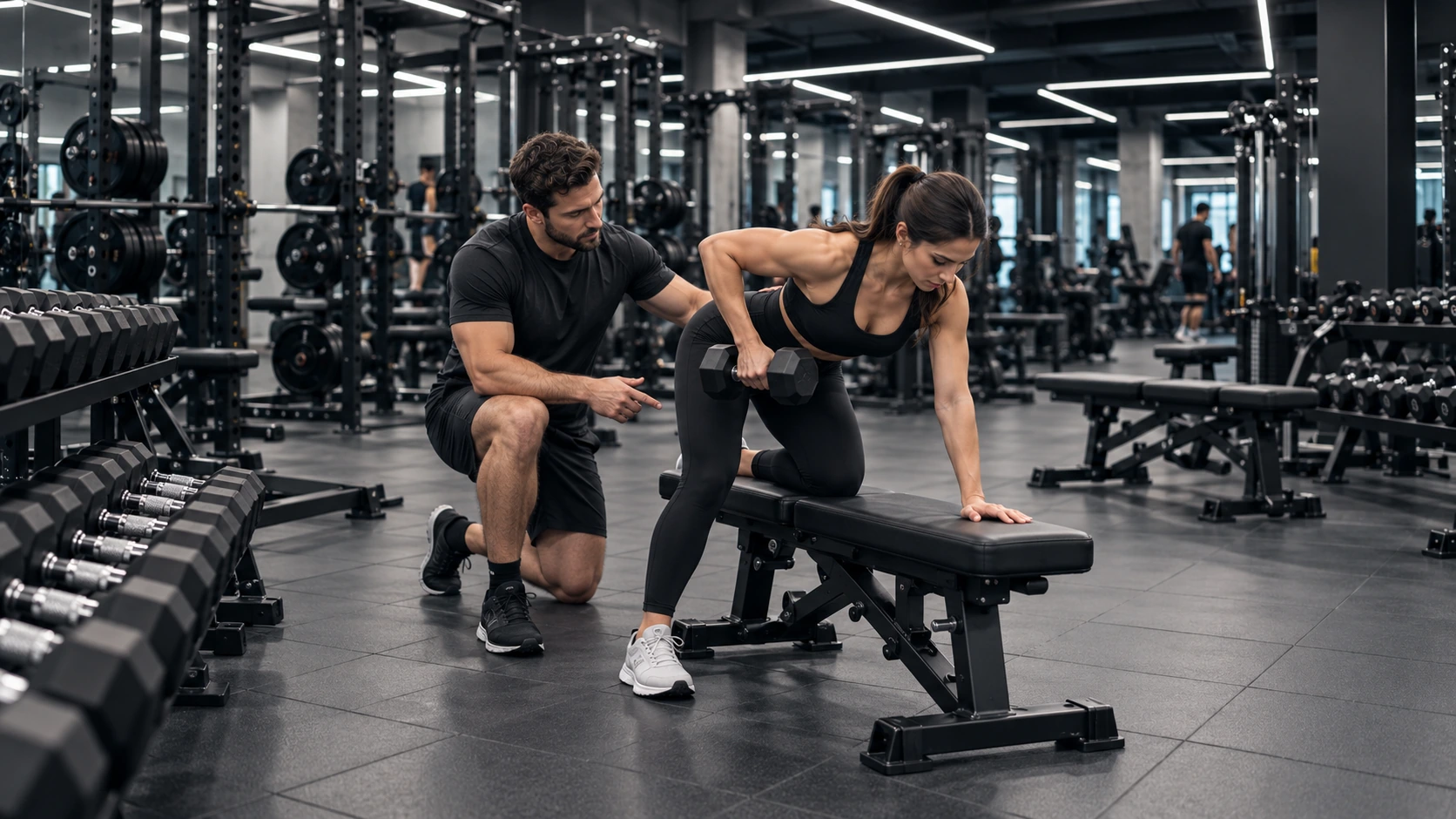 Escena ilustrativa: una sesión de entrenamiento personal con mancuernas