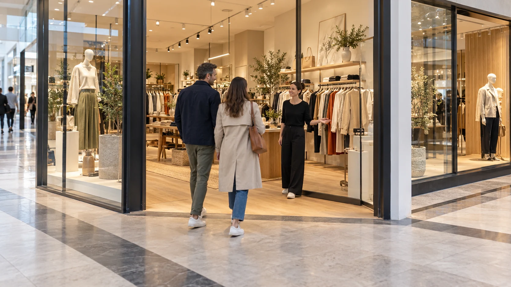 Escena ilustrativa de visitantes entrando en una tienda recién abierta desde la galería comercial.
