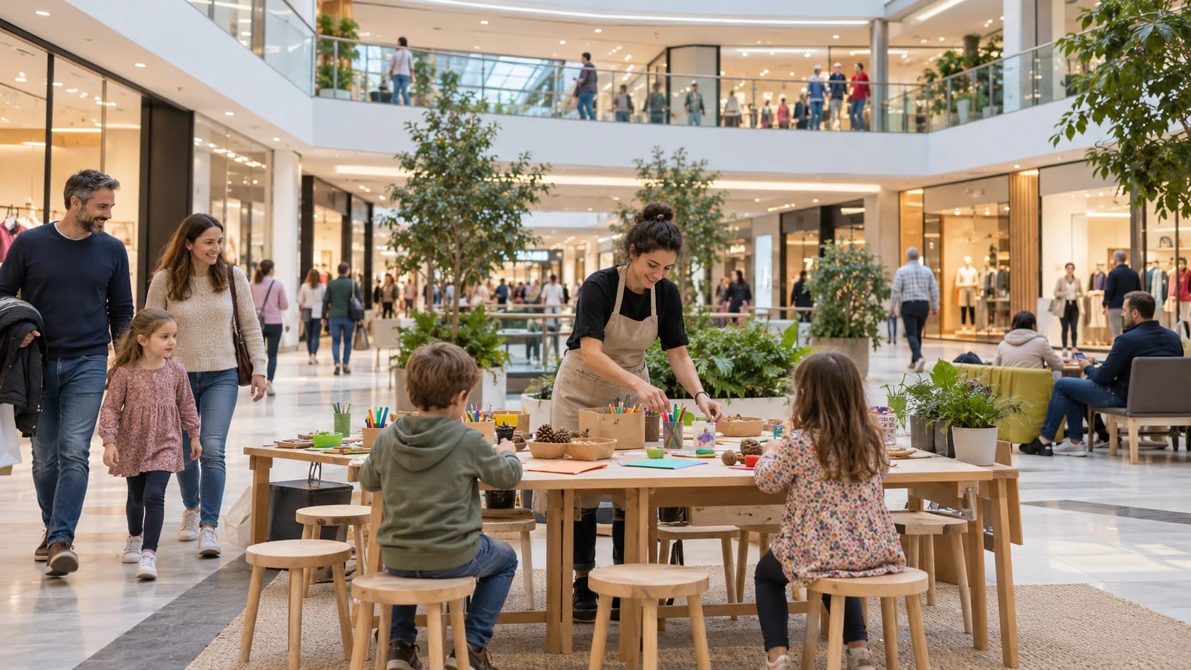 Escena ilustrativa de un taller en la plaza interior de un centro comercial.