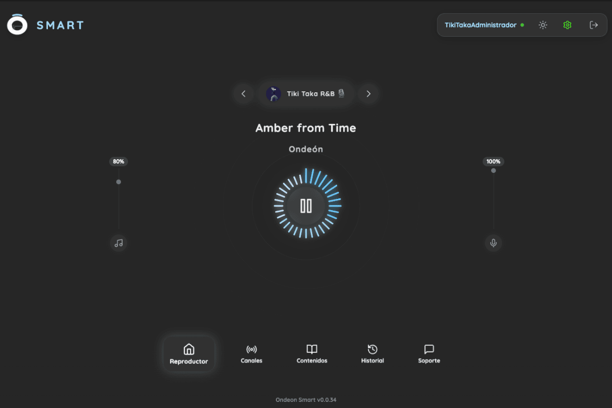 Interfície del reproductor Ondeón Smart amb canal musical i controls de reproducció